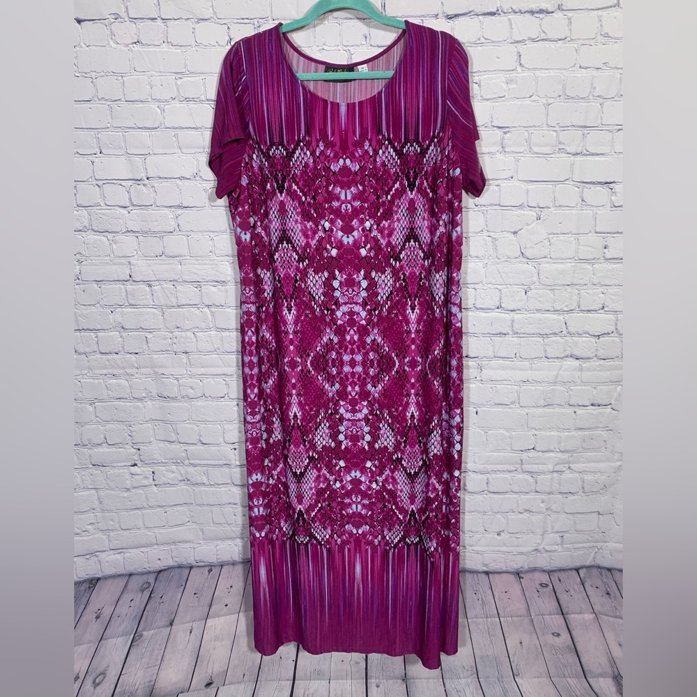 Bob Mackie Womens Snake Skin Print Short Sleeve Maxi Dress Purple 1X Whimsigoth